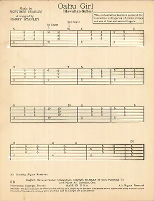 Oahu Girl Sheet Music Hawaiian Guitar Solo 1930 Searles Stanley Fingering • $9.75