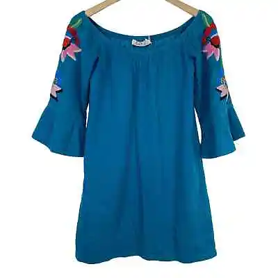 VaVa By Joy Han Teal Blue Embroidered Bell Sleeve Off Shoulder Mini Dress Sz XS • $45.97