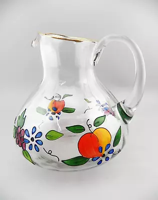 Crystal Clear Pitcher Handcrafted Venetian Fruit W/ 22K Gold Trim 90 Oz Romania • $22.45