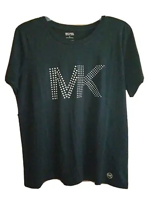 Michael Kors Sequin MK Logo  Gold Mirrored Cotton Black T-shirt Women's SZ M New • $45