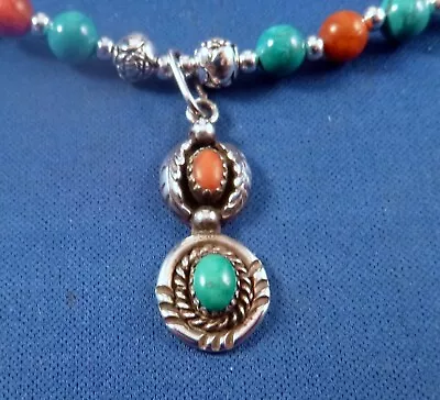 VTG Navajo PENDANT Sterling Turquoise Coral SIGNED B Smith 18.5  Bead Necklace • £31.82