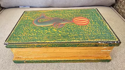 Vintage Hand Made Carved Wood Keepsake Box Hinged Lid Folk Art Painted Dolphin • $39.99