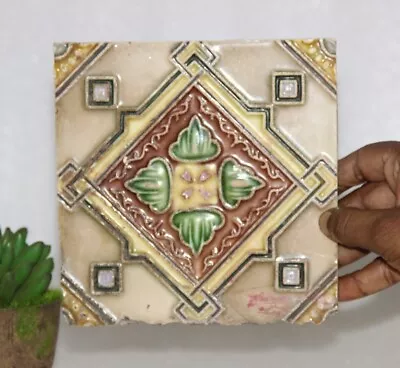 1940s Vintage Architecture Furniture Tile 2 Pc Floral Majolica Art Nouveau Japan • $78.50