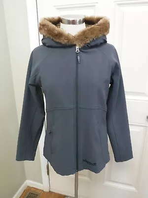 Women's MARMOT S Gray Zip Up Brown Faux Fur Hooded Light Winter Jacket Coat  • $24.99