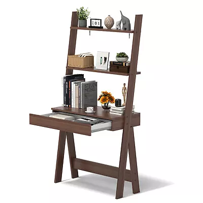 2-Tier Bookself Ladder Shelf Desk Bookcase W/ Countertop & Large Drawer Walnut • $129.99