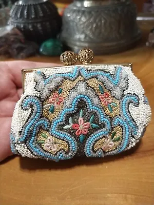 Vintage Hand Beaded & Embroidered Change Purse Made In France. • $45.99