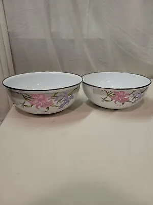 Vintage GMI Mixing 2 Nesting Bowls Enamel On Metal  Iris Pattern  • $24.99