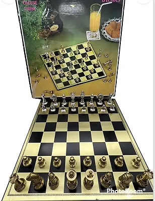 Vintage D'chess Unique Metal Chess Set Folding Board Case Box Gold Silver EUC • $94.50