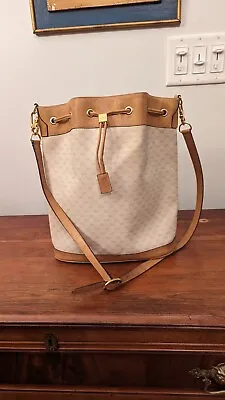 Vtg Gucci Marmont GG Drawstring Bucket Ivory Tan Coated Canvas Crossbody Purse  • $325