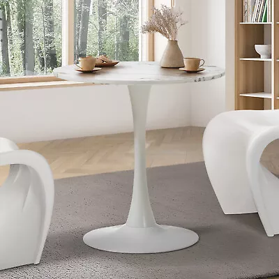 Oikiture 60cm Dining Table Kitchen Marble Tulip Round Metal Leg White • $105.90