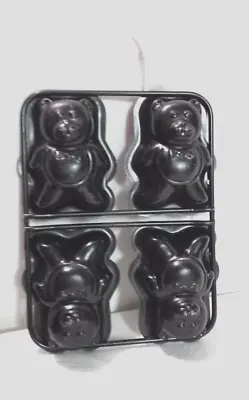 Vintage Little Teddy Bears 4-Mold Mini Cake Pan Baking Mold Form Black Metal • $17