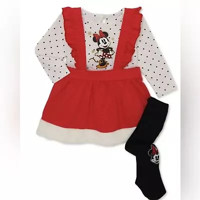 Disney Minnie Mouse Baby Girl Top Pinafore And Tights Outfit Set Size 24M • $12.99