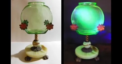 Vintage Uranium Glass Fish Bowl &  Houze Agate & Metal Stand Very Rare! • $895