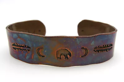 Vintage Small Southwestern Spirit Bear Feather Moon Stamped Copper Cuff Bracelet • $31.50