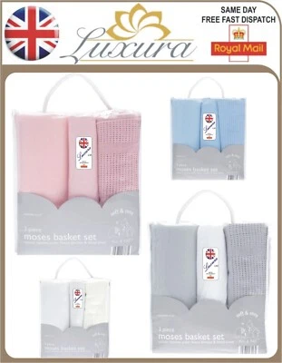 £14.95 • Buy Newborn Baby 3 Piece Moses Basket Bedding Set Fitted Sheet Cellular Blanket