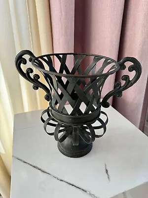 Vintage Footed Cast Iron & Woven Metal Slats Jardiniere Planter Vase 9  X 7  • $35