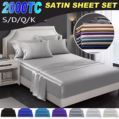 2000TC 4PCS Silk Satin Sheet Set Single/Double/Queen/King Flat Fitted Pillowcase • $8.99