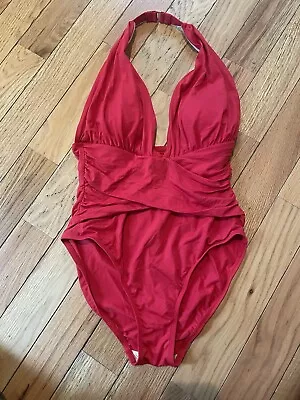 La Blanca Red Plunge Halter Faux Wrap One Piece Swimsuit Women’s Size 12 • $34