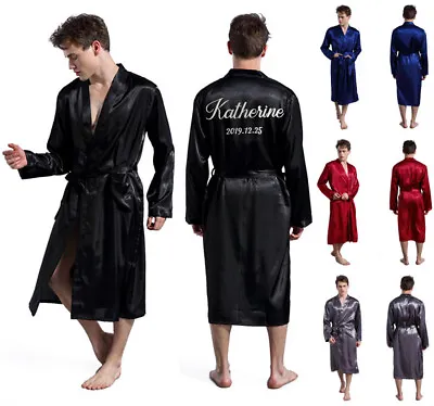 Personalized Mens Satin Silk Pajamas Kimono Robe Dressing Gown Pjs Loungewear • £18.71