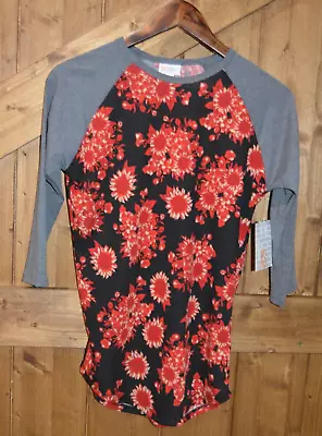 LuLaRoe Shirt Women's Randy Size XS Black Red Flowers Gray 3/4 Sleeves NWT • $16.50