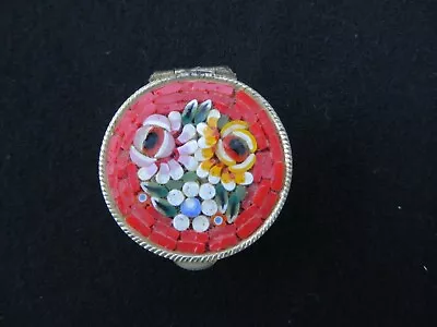 Vintage Round Hinged Floral Flower Micro Mosaic Trinket Pill Box 1 1/4  X 5/8  • $25