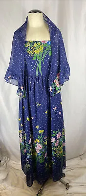 Miss Elliette California Vintage 1970 Blue Floral Long Dress Size 10 Shawl Sun • $65