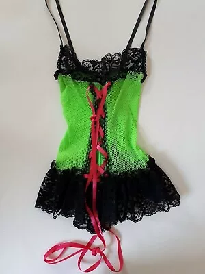 Shirley Of Hollywood Neon Green Fishnet Chemise Sexy Designer Lingerie Nightwear • £22.50