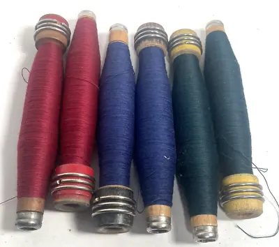 Wood Quills Wooden Bobbins Thread Wrapped Spools Threaded Textile Factory Lot-6: • $14