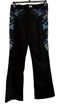 Vintage Cache Sequin Flare Leg Pants Size 6 Black Embellished Art To Wear Blue • $32.76