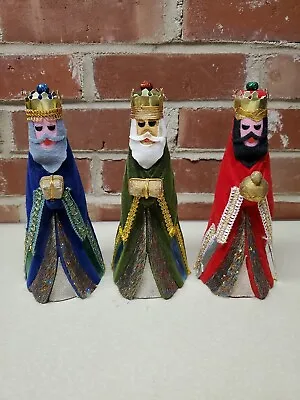 Vtg Japan Christmas Nativity MCM 3 Wise Men Figures Felt Flocked Holiday 8” • $24.97