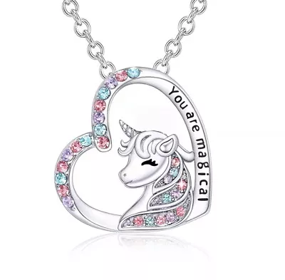 New Cute Unicorn Heart Love Pendant Necklace Magical Girl Wording Christmas Gift • £3.99