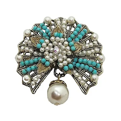 Brooch Pin Artificial Seed Pearls Turquoise Color Beads Japan Jewelry Vintage • $9.95