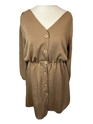 Shirt Dress Beige YARE By CSM Ladies Long Sleeve V Neck Stretch Waist UK8 B479 • £4