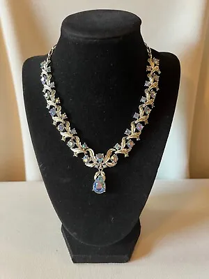 Vintage  Coro  Silver Tone Leaves & AB Blue Rhinestone Drop Necklace Signed • $65