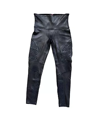 Spanx Leggings Black Faux Leather Ribbed Moto Leggings Women’s XL *read* • $19.99