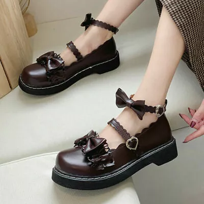 Women Girls Sweet Kawaii Lolita Shoes Pu Leather Bowknot Low Heels Sandals • £24.55