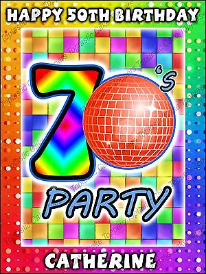 Personalised Colourful 70s Disco 1970s Edible Icing Birthday Party Cake Topper • £4.65