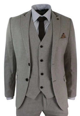 £131.99 • Buy Mens Herringbone Tweed 3 Piece Suit Velvet Trim Classic Vintage Slim Fit Beige