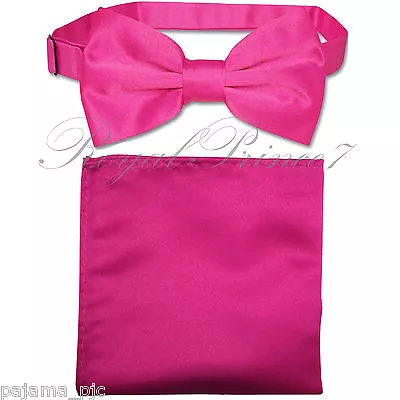 New Hot Pink Men's Pre Tied Bow Tie & Pocket Square Hankie Set Wedding Prom • $11.89