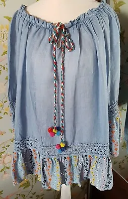 FIRST AVENUE Blue Oversized Linen Smock Top With Embroidered Hem & Bell Sleeves • £12
