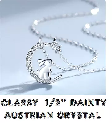 Small RABBIT CRESCENT MOON CZ Charm Pendant On 20  925 Sterling Silver Necklace • $13.97