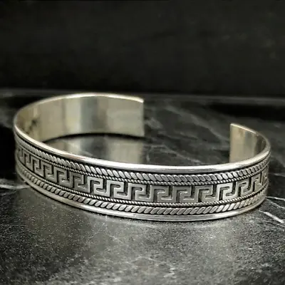 Men Silver Adjustable Greek Pattern Cuff Bracelet  Silver Embroidered Bangle • $85