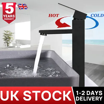 Modern Tall Counter Basin Mixer Tap High Rise Bathroom Sink Faucet Matt Black UK • £15.99