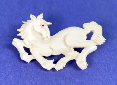 Vintage Carved Horse Brooch Cream White Pin With Red Eye • $22.99