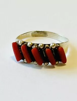 Vintage Sterling Silver Zuni Coral Needlepoint Turquoise Ring Size 5.5 6 • $29.99