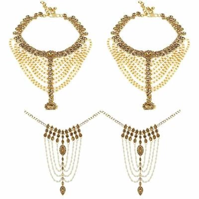£28.48 • Buy Indian Womens Gold Plated White Pearl Anklet With Hath Phool Ring Bracelet