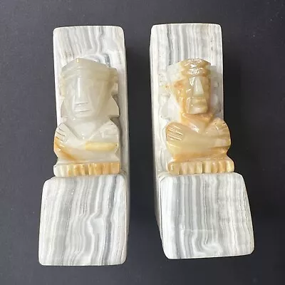 Vintage Carved Stone Bookends Tiki Aztec Totem Onyx Alabaster • $44.99