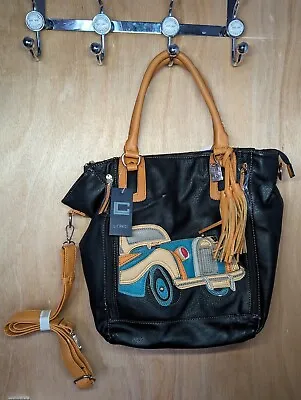 L Credi Black Car Embroidery Shoulder Handbag BNWT • £9.49