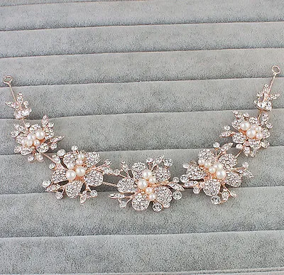 Rose Gold Rhinestone Headdress Pearl Bridal Headpiece Crystal Wedding Hair Vine • £9.99