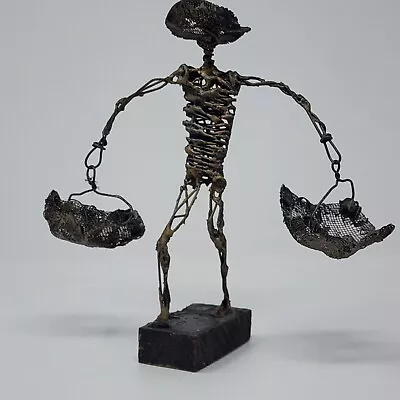 C Serraty Brutalist Wire Art Twisted Wire On Wood Base Fisherman 8.5  Tall • $69.99